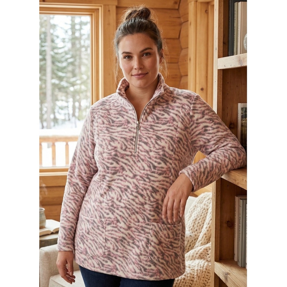 Susan Graver Weekend Animal Print Polar Fleece Quarter Zip Pullover 1X Mock Neck